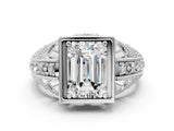 Silver Emerald Cut Brilliant Milgrain Filigree Diamond Ring with Square Prong Setting_13