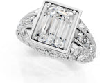 Silver Emerald Cut Brilliant Milgrain Filigree Diamond Ring with Square Prong Setting_14