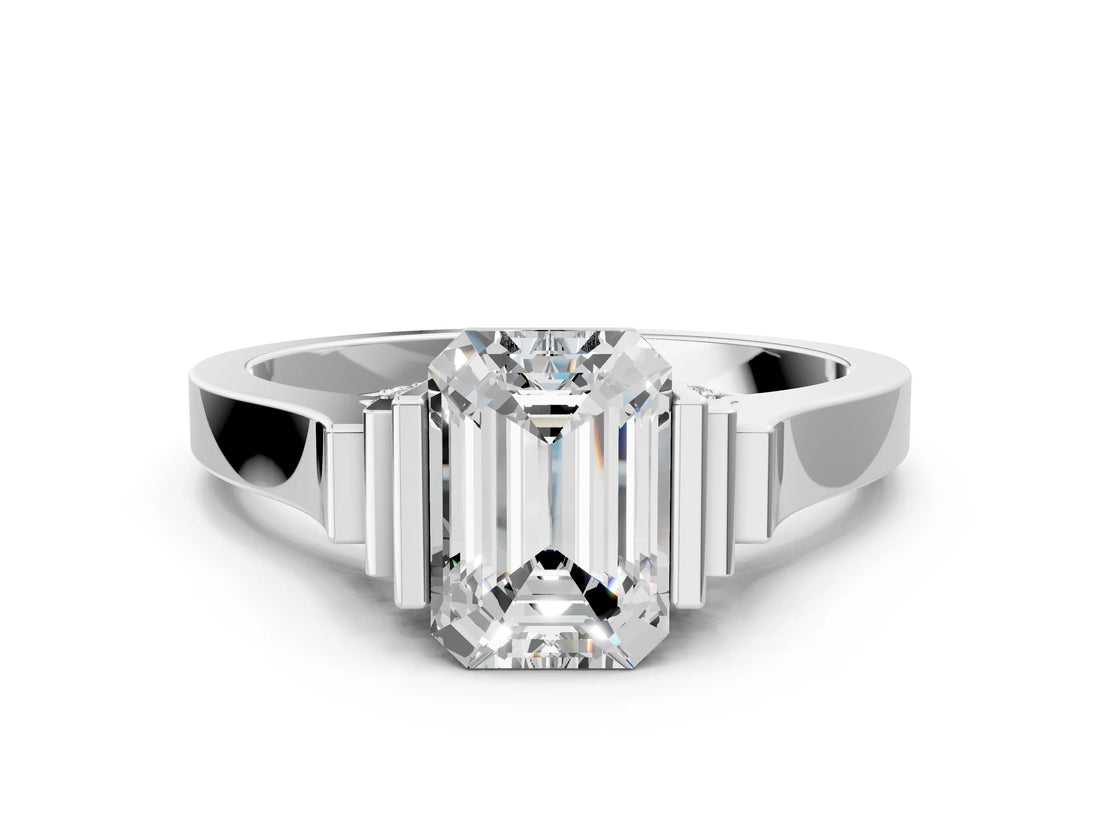 Silver Emerald Cut Brilliant Solitaire Diamond Ring with Channel Set Band and Bar Prong Setting_24