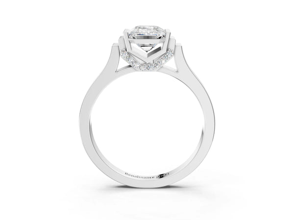 Silver Emerald Cut Brilliant Solitaire Diamond Ring with Channel Set Band and Bar Prong Setting