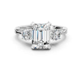 Silver Emerald Cut Brilliant Three-Stone Diamond Ring with Pavé Band and Four-Prong Setting_28