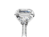 Silver Emerald Cut Brilliant Three-Stone Diamond Ring with Pavé Band and Four-Prong Setting_33