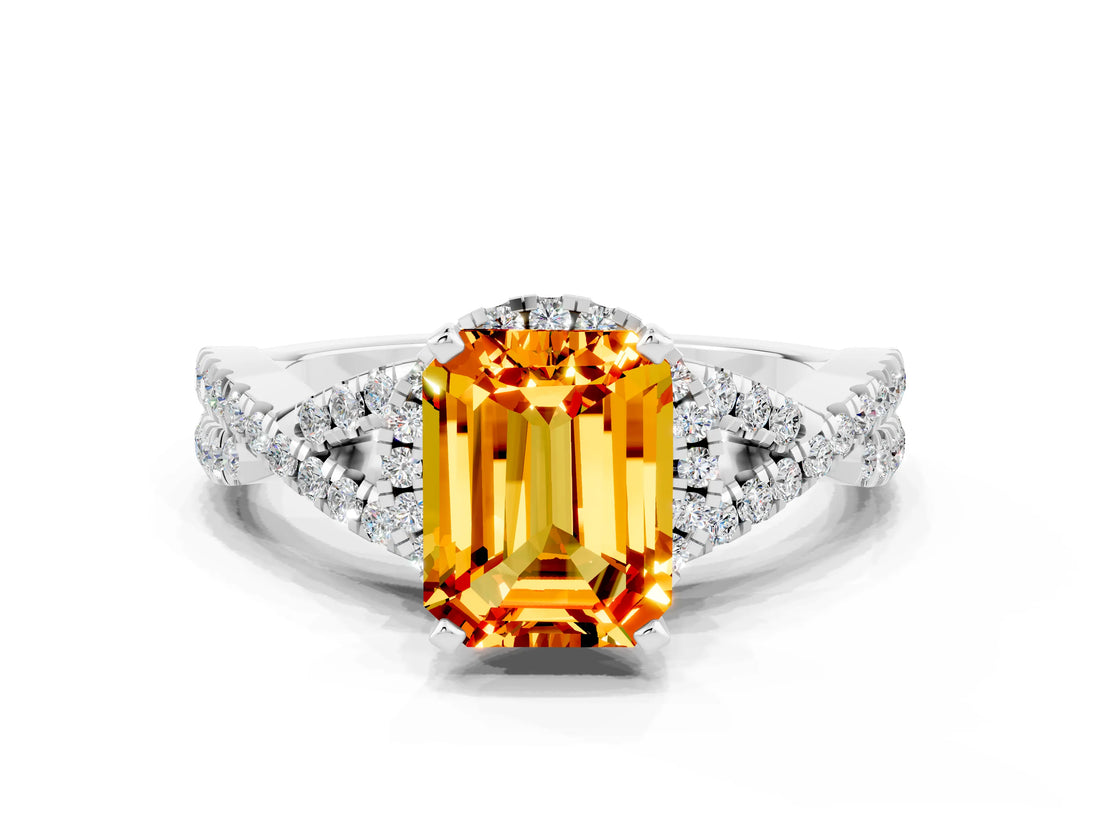 Silver Emerald Cut Citrine  Halo Twist Band Solitaire Prong Setting Ring_18