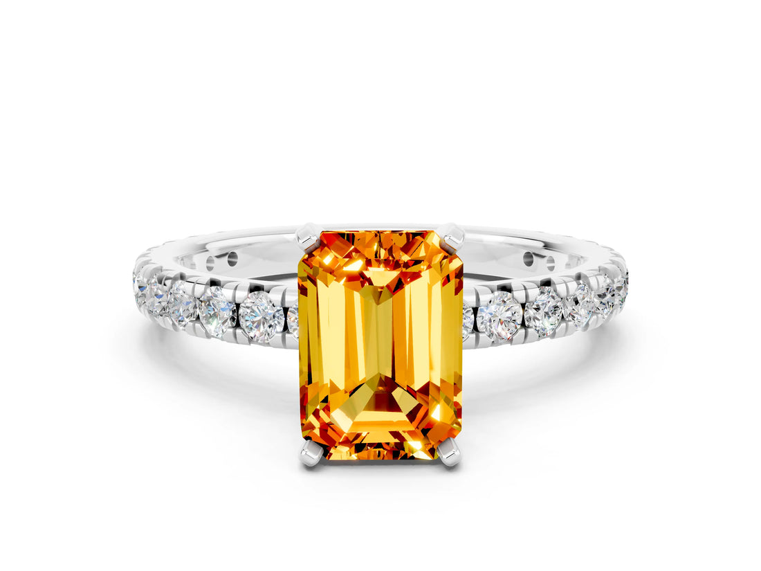 Silver Emerald Cut Citrine Pavé Solitaire Ring with Round Band and Prong Setting_42
