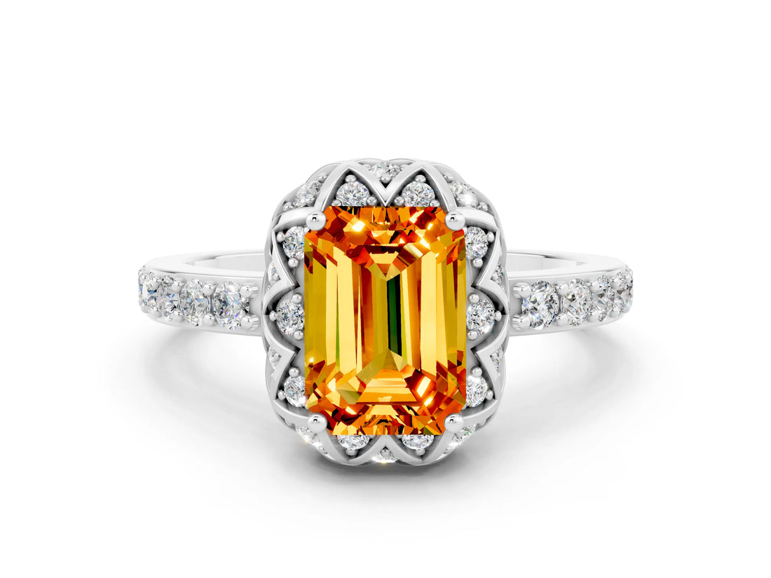Silver Emerald Cut Citrine Scalloped Halo Engagement Ring with Round Shared Prong Band_108