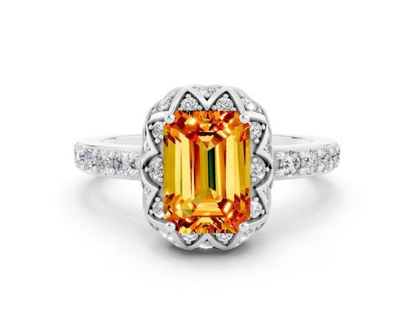 Silver Emerald Cut Citrine Scalloped Halo Engagement Ring with Round Shared Prong Band