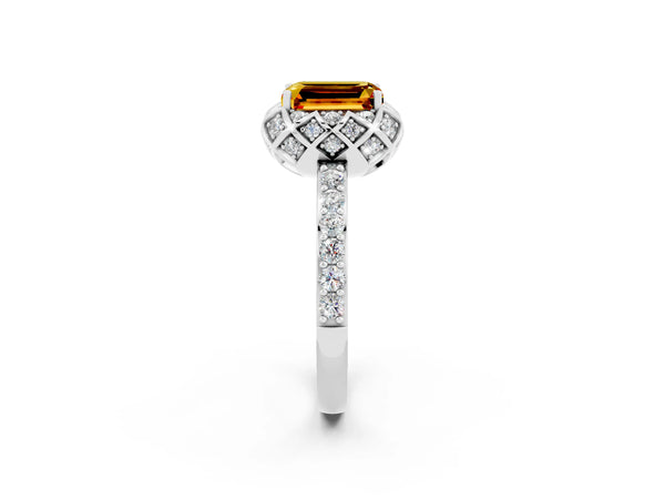 Silver Emerald Cut Citrine Scalloped Halo Engagement Ring with Round Shared Prong Band