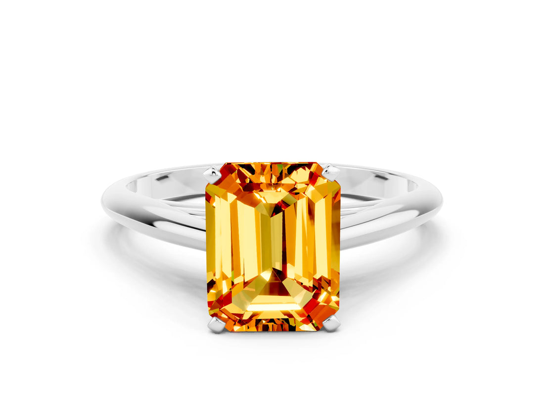 Silver Emerald Cut Citrine Solitaire Engagement Ring with Cathedral Setting and Four-Prong Mount_18