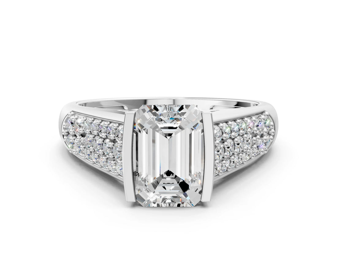 Silver Emerald Cut Cut Diamond Channel Set Pave Band with Tension Prong Setting_7