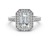 Silver Emerald Cut-Cut Diamond Halo Engagement Ring with Pave Band and Prong Setting_13