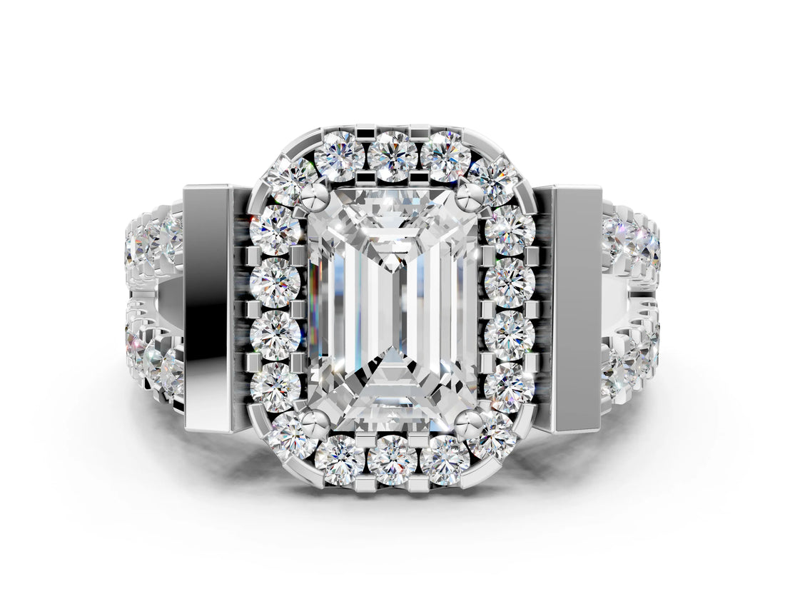 Silver Emerald Cut Cut Halo Split Shank Prong Set Ring_7