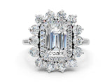 Silver Emerald Cut Diamond Floral Double Halo Engagement Ring with Prong Setting_67