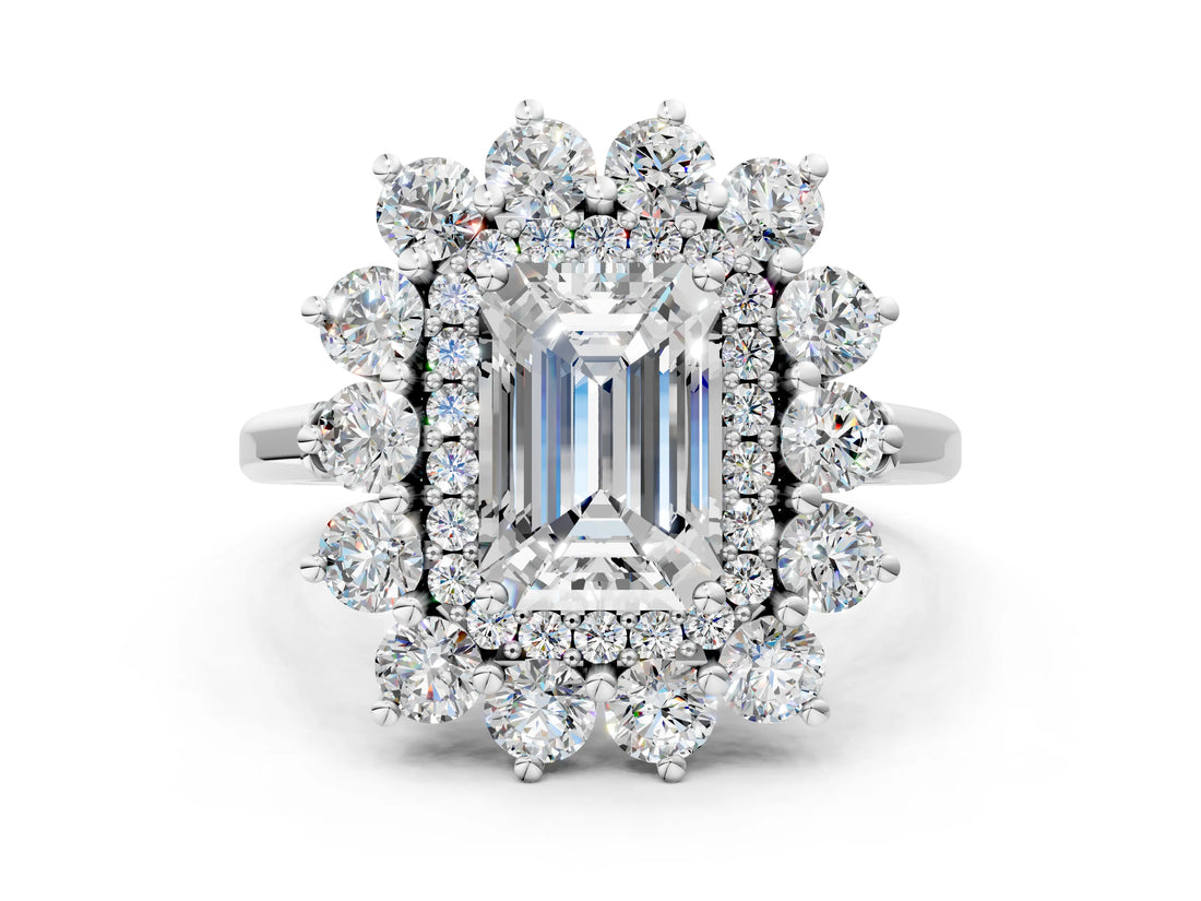 Silver Emerald Cut Diamond Floral Double Halo Engagement Ring with Prong Setting_7