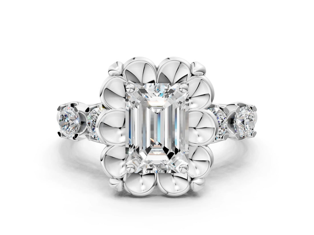 Silver Emerald Cut Diamond Floral Halo Engagement Ring with Shared Prong Setting 1