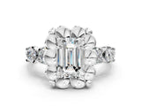 Silver Emerald Cut Diamond Floral Halo Engagement Ring with Shared Prong Setting 1