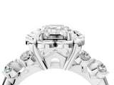 Silver Emerald Cut Diamond Floral Halo Engagement Ring with Shared Prong Setting 5