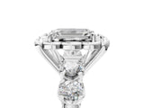 Silver Emerald Cut Diamond Floral Halo Engagement Ring with Shared Prong Setting