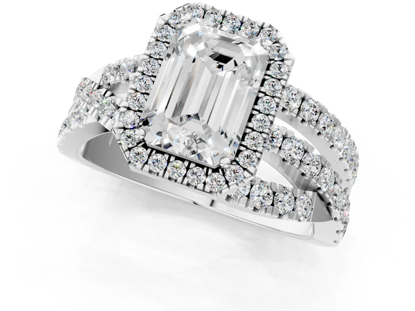 Sterling Silver Emerald Cut Halo Engagement Ring Setting with Twisted Pave Split Shank