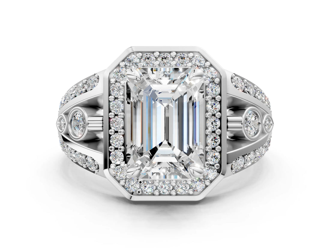 Silver Emerald Cut Diamond Halo Ring with Split Shank and Bezel Accents and Four-Prong Setting_13
