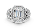 Silver Emerald Cut Diamond Halo Ring with Split Shank and Bezel Accents and Four-Prong Setting_13