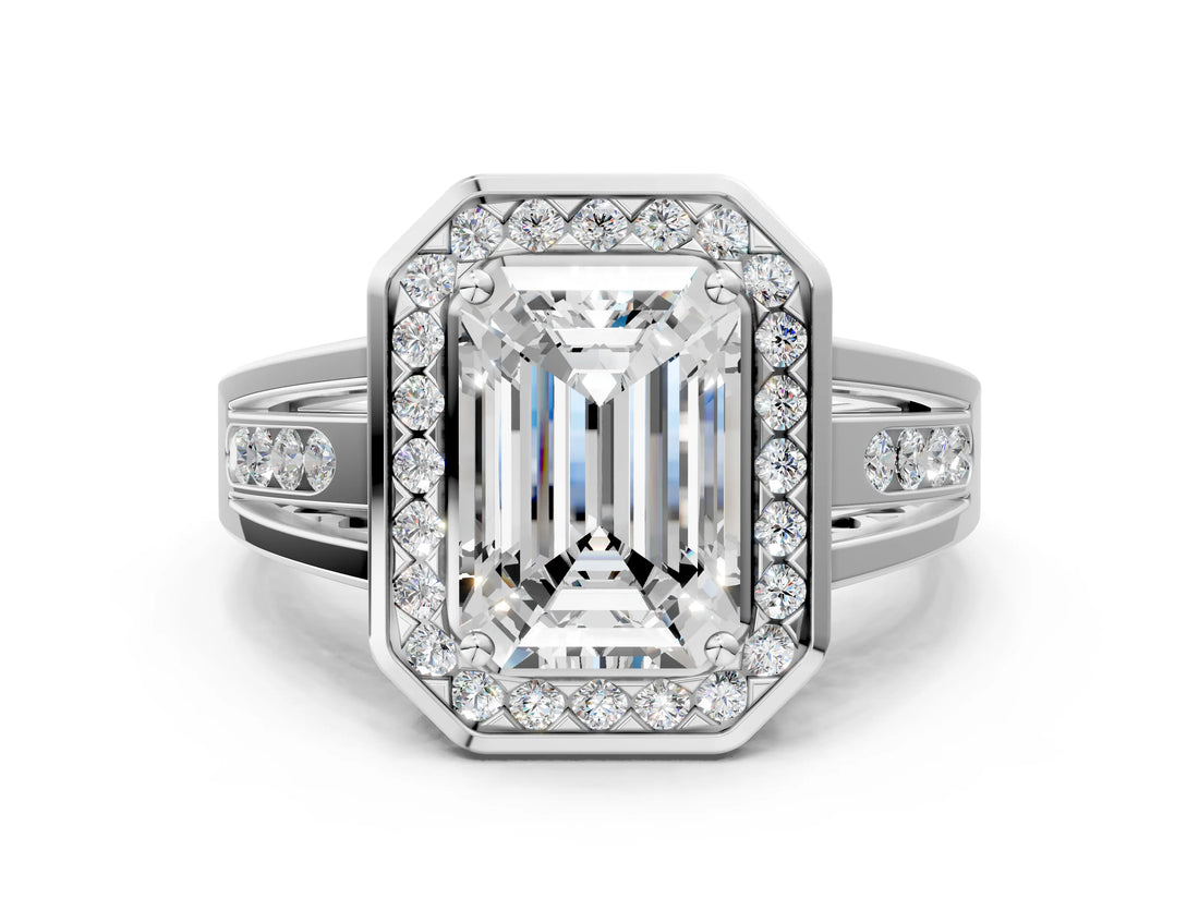Silver Emerald Cut Diamond Halo Ring with Split Shank and Bezel Accents and Prong Setting_13