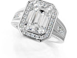 Silver Emerald Cut Diamond Halo Ring with Split Shank and Bezel Accents and Prong Setting_14