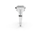 Silver Emerald Cut Diamond Halo Ring with Split Shank and Bezel Accents and Prong Setting_15