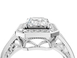 Silver Emerald Cut Diamond Halo Ring with Split Shank and Bezel Accents and Prong Setting_17