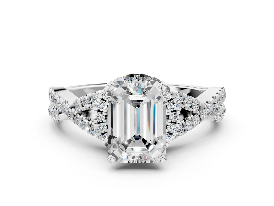 Silver Emerald Cut Diamond  Halo Twist Band Solitaire Prong Setting Ring_24