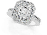 Silver Emerald Cut Diamond Milgrain Halo Engagement Ring with Round Pavé Band and Prong Setting_13