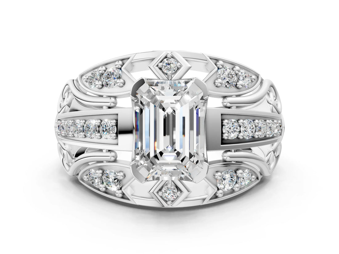 Silver Emerald Cut Diamond Pave Art Deco Split Shank Ring with Four-Prong Setting_13