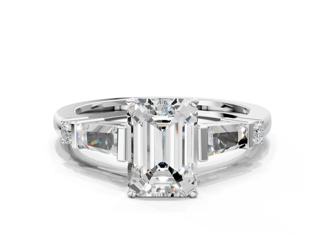 Silver Emerald Cut Diamond Ring with Baguette Side Stones, Channel Set Band, and Four-Prong Setting_25