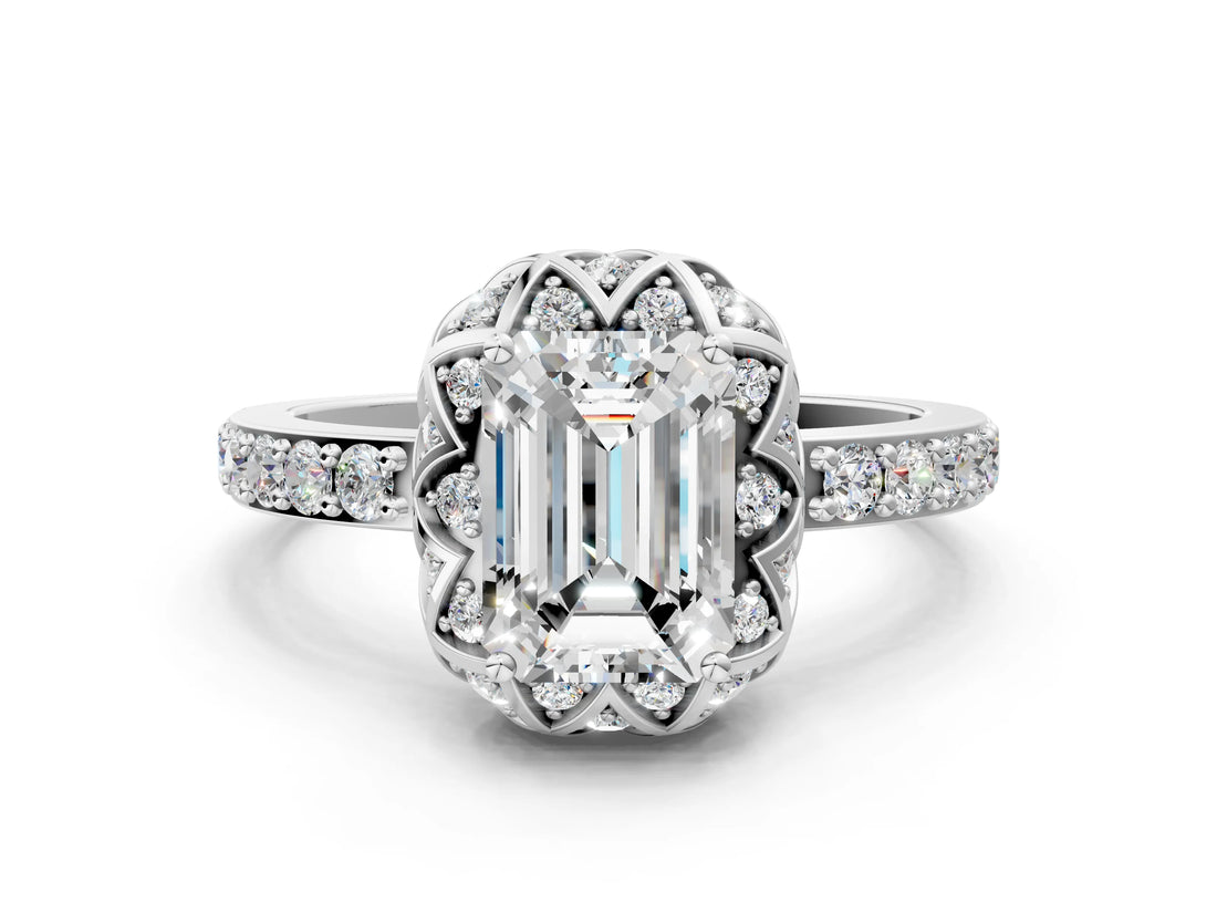 Silver Emerald Cut Diamond Scalloped Halo Engagement Ring with Round Shared Prong Band_12