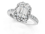 Silver Emerald Cut Diamond Scalloped Halo Engagement Ring with Round Shared Prong Band_13