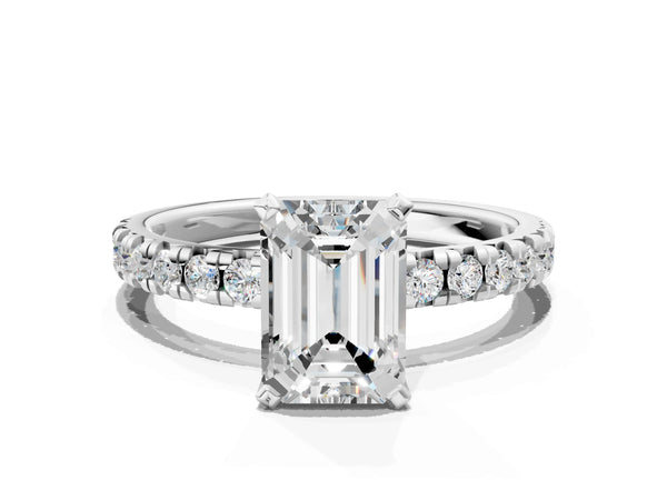 Sterling Silver Emerald Cut Solitaire Engagement Ring Setting with Large Round Accent Band