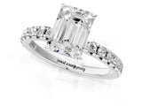 Silver Emerald Cut Diamond Solitaire Pavé Engagement Ring with Round Band and Prong Setting_2