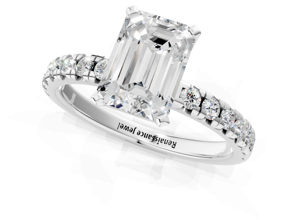 Sterling Silver Emerald Cut Solitaire Engagement Ring Setting with Large Round Accent Band