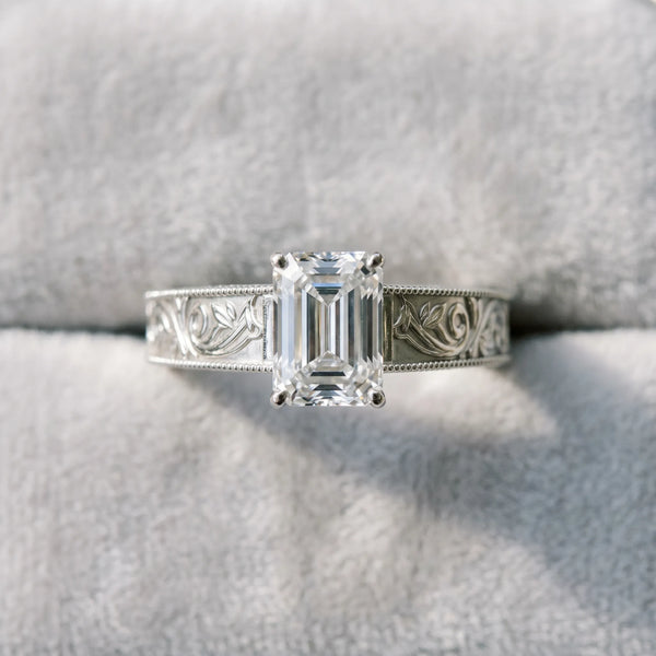 Sterling Silver Emerald Cut Vintage Solitaire Engagement Ring Setting with Leaf Scroll Engraved Band
