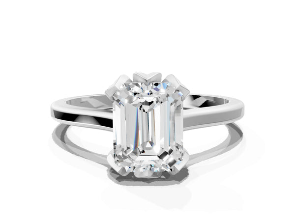 Sterling Silver Emerald Cut Floral Solitaire Engagement Ring Setting with Flower Head and Plain Band