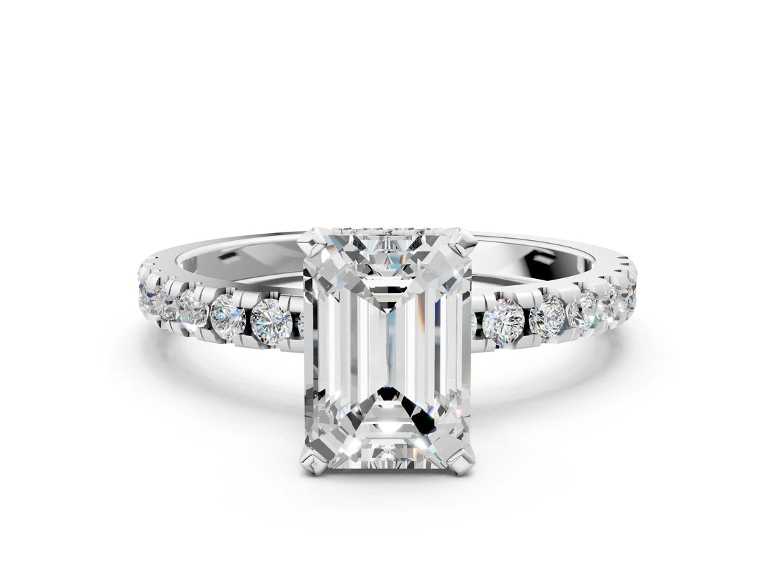 Silver Emerald Cut Diamond Solitaire Ring with Round  Pavé Band and Four-Prong Setting_40