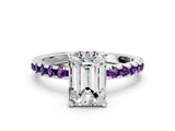 Silver Emerald Cut Diamond Solitaire Ring with Round with Amethyst side stone Pavé Band and Four-Prong Setting_12