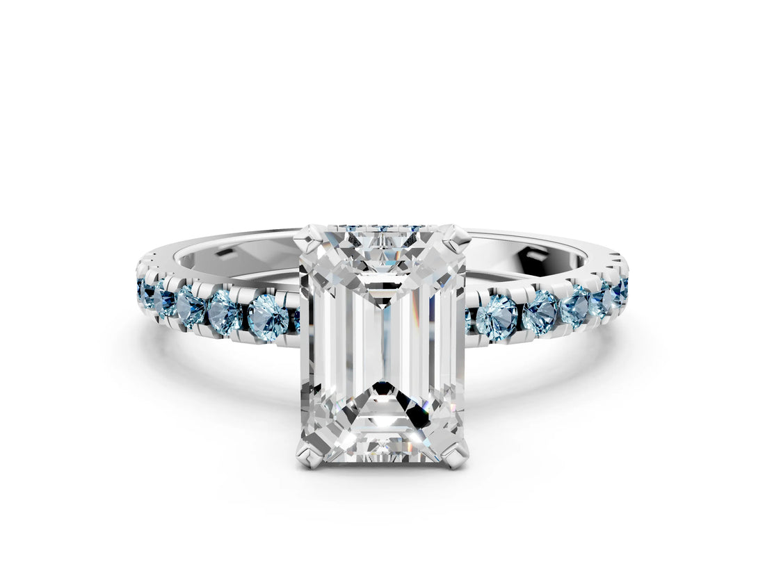 Silver Emerald Cut Diamond Solitaire Ring with Round with Aquamarine side stone Pavé Band and Four-Prong Setting_12