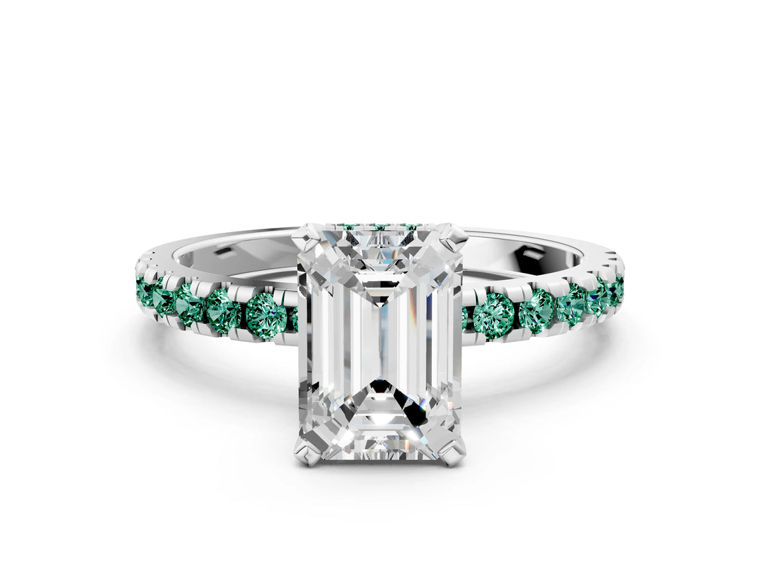 Silver Emerald Cut Diamond Solitaire Ring with Round with Green Sapphire side stone Pavé Band and Four-Prong Setting_12