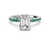 Silver Emerald Cut Diamond Solitaire Ring with Round with Green Sapphire side stone Pavé Band and Four-Prong Setting_12
