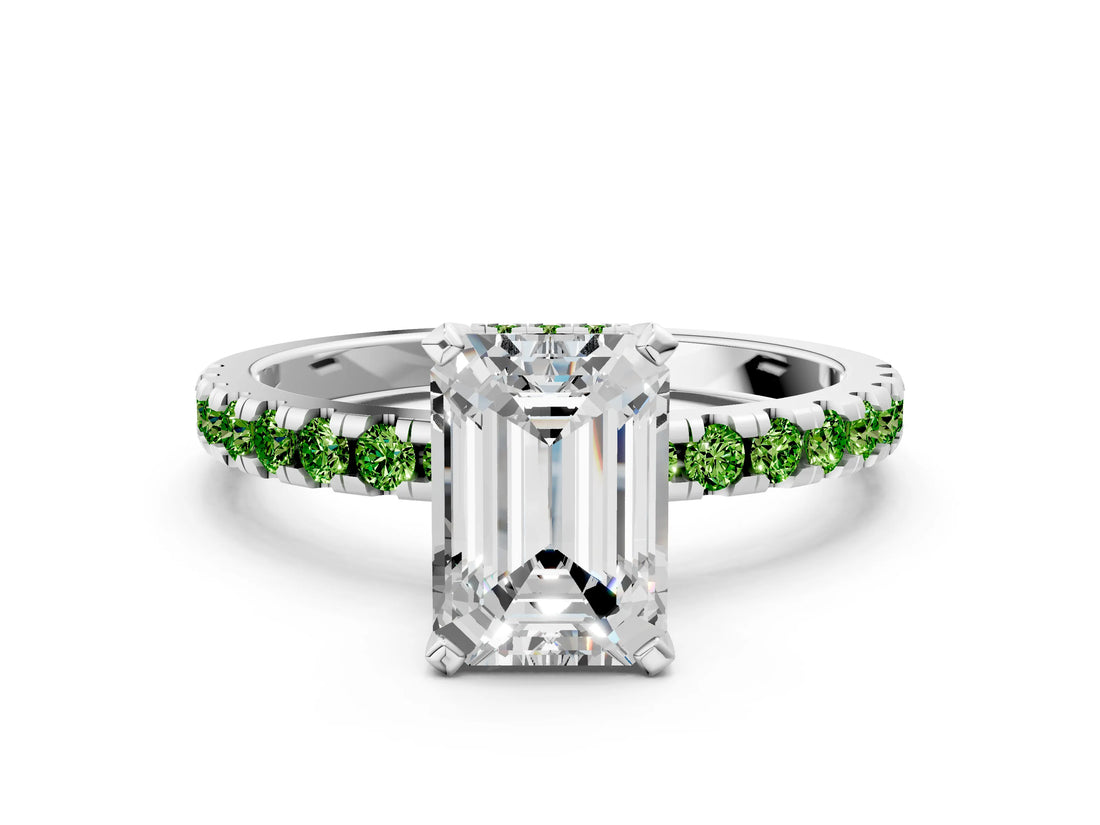 Silver Emerald Cut Diamond Solitaire Ring with Round with Peridot side stone Pavé Band and Four-Prong Setting_12