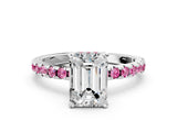 Silver Emerald Cut Diamond Solitaire Ring with Round with Pink Sapphire side stone Pavé Band and Four-Prong Setting_12
