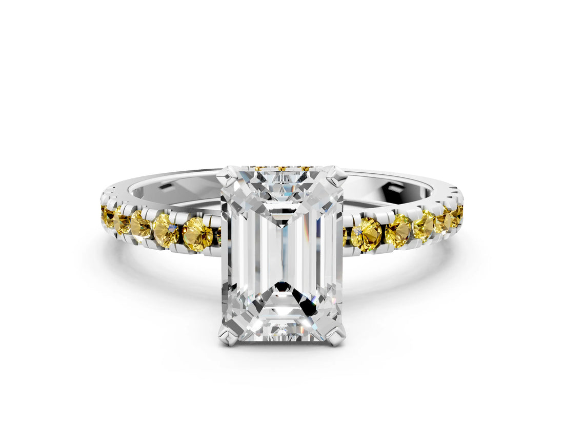 Silver Emerald Cut Diamond Solitaire Ring with Round with Yellow Sapphire side stone Pavé Band and Four-Prong Setting_12