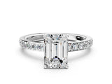 Silver Emerald Cut Diamond Solitaire with Pave Band and Four-Prong Setting