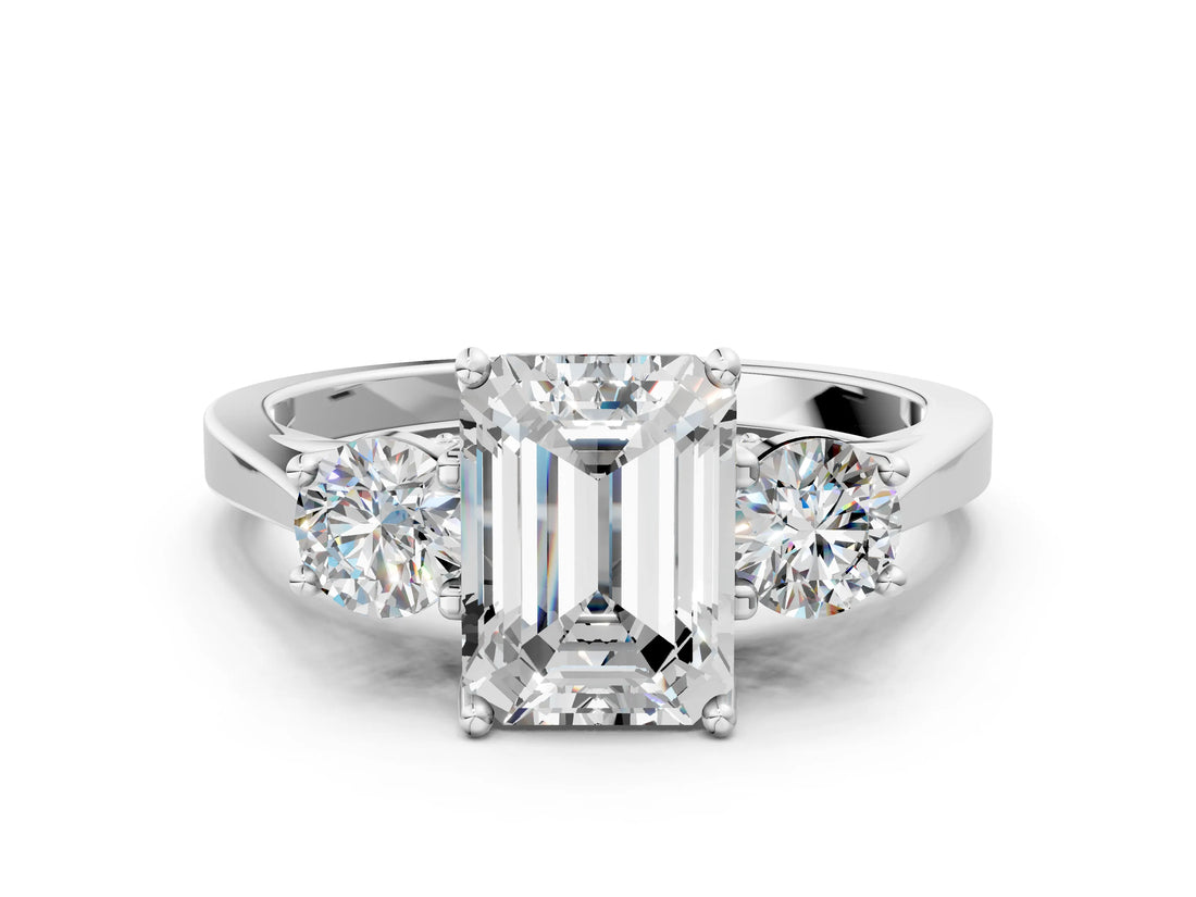 Silver Emerald Cut Diamond Three-Stone Engagement Ring with Prong Setting and Pavé Band_43