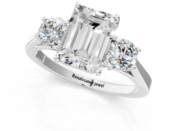 Silver Emerald Cut Diamond Three-Stone Engagement Ring with Prong Setting and Pavé Band